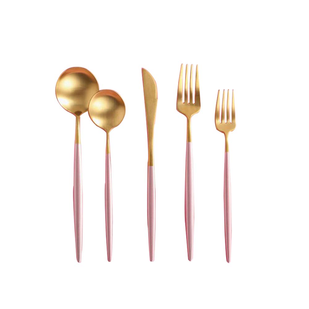 High-End Stainless Steel Flatware Set Knife Fork Spoon Portugal Tableware Cutlery Brushed Luxury Kitchen Utensils Dinnerware Set, Pink-Gold, 5Pcs/Set