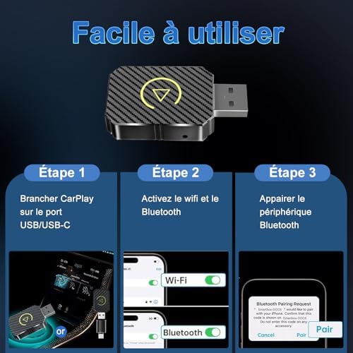 Adaptateur CarPlay sans Fil pour Apple iPhone, Adaptateur sans Fil carplay avec câble d'extension USB & USB-C/Type-C, Compatible avec Les Voitures à partir de 2016 et Phone iOS 10+