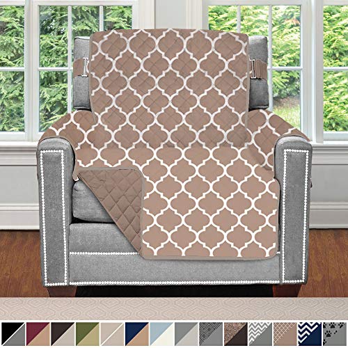 Sofa Shield Patented Chair Slipcover, Reversible Tear Resistant Soft Quilted Microfiber, 23” Seat Width, Durable Furniture Stain Protector with Straps, Washable Cover for Dogs, Kids, Quatrefoil Mocha