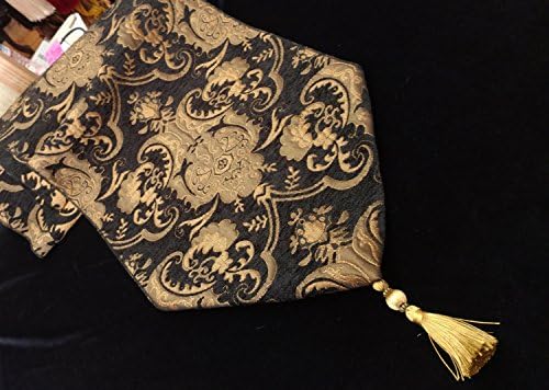 Luxury Damask 13", Chenille fabric,color black/gold, Table Runner,4 different sizes (13" x 90")
