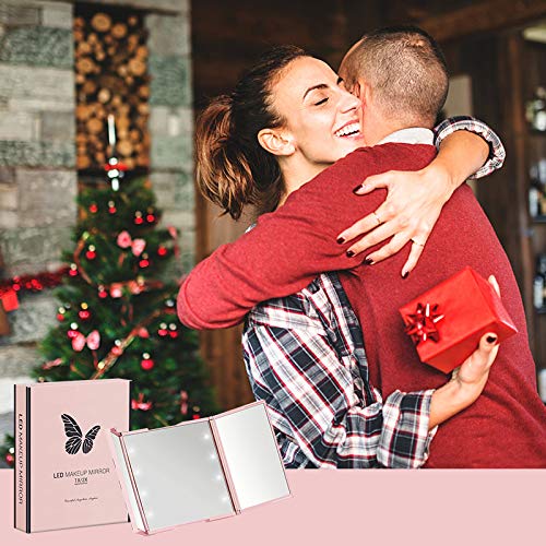 Quntis Tragbarer Kosmetikspiegel mit 8 LED Licht, 1-/ 2-Fach Vergrößerung, Beleuchteter Schminkspiegel Batteriebetrieb, Klappbarer Make UP Spiegel für Reise Tasche Unterwegs (Klein, Rosegold)