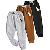 Nivne Tco Tween Boys 3pcs Sweatpants Casual Dinosaur Graphic Print Elastic Waist Jogger Pants with Bowknot Rope Decor