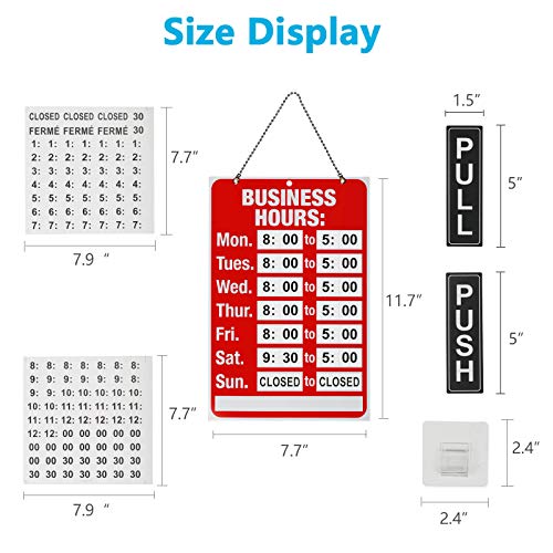 Business Hours Sign, Push Pull Door Signs Kit - Vinyl Number Letter Stickers & 2 Self Adhesive Hooks Included, Ideal Signs Set for Any Business Store Shop Bar Window Office