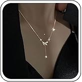 Boho Wedding Mini Tiny Cz Pendant Necklace Silver Gold Rhinestone Dainty Bow Necklace Small Crystal Y Shaped Lariat Drop Choker Simple Bowknot Thin Chain Cute Sparkly Ribbon Delicate Minimalist Women