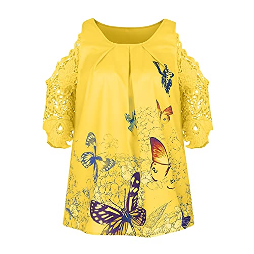 Summer Women Off Shoulder Lace Tops 3/4 Sleeve Butterfly Shirts Crew Neck Casual Floral Hollow Out Blouse Tees