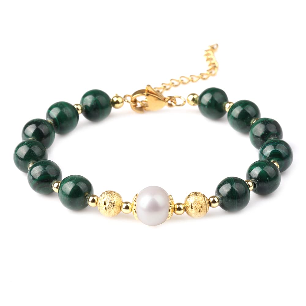 18ct Gold Plated Authentic Healing Malachite Gemstone Bracelet Crystal Bracelet Pearl Bracelet Anxiety Relief Stress Relief Bead Bracelet Healing Crystals Healing Bracelets for Women Spiritual