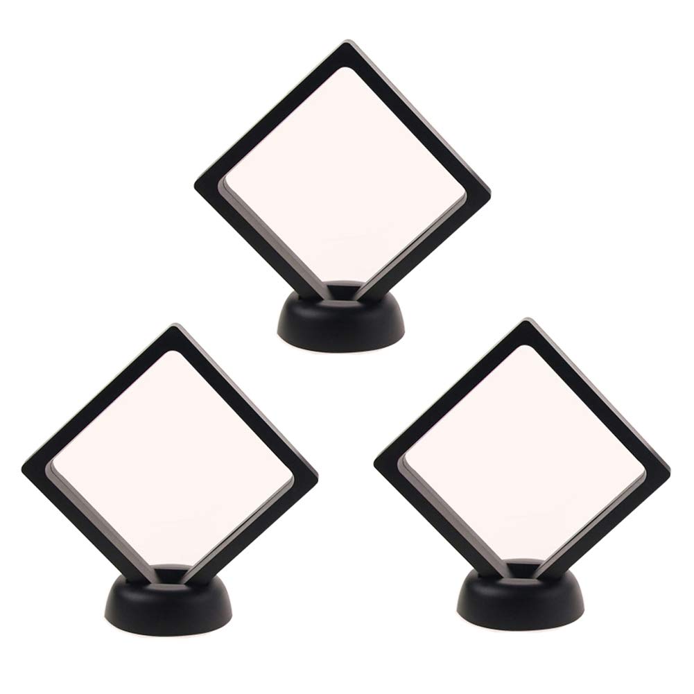 lasenersm 3-Piece Coin Display Stand Set, Diamond Square Medallion Challenge Coin Holder, 3D Floating Frame Box for Coins, Medallions, Jewelry, 4.33x4.33 inches, Black