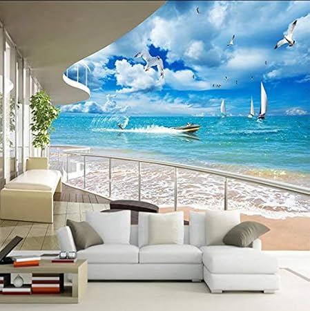 Guyuell Custom 3D Mural Mediterráneo Moderno Balcón Mar Azul Cielo