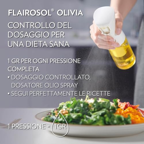 FLAIROSOL OLIVIA 130 ml Glass Oil Sprayer - Continuous Spray Technology with Portion Control - Versatile for Cooking, Salads, Barbecues, Baking, etc. (Golden Logo)