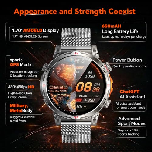 GPS Smartwatch Men's Sports Watch Fitness Watch: 1.7 Inch AMOLED Display with Bluetooth Calls/ChatGPT/3ATM/100+ Sports Modes Outdoor Smart Watch with Heart Rate Sleep Monitor Pedometer Compatible iOS