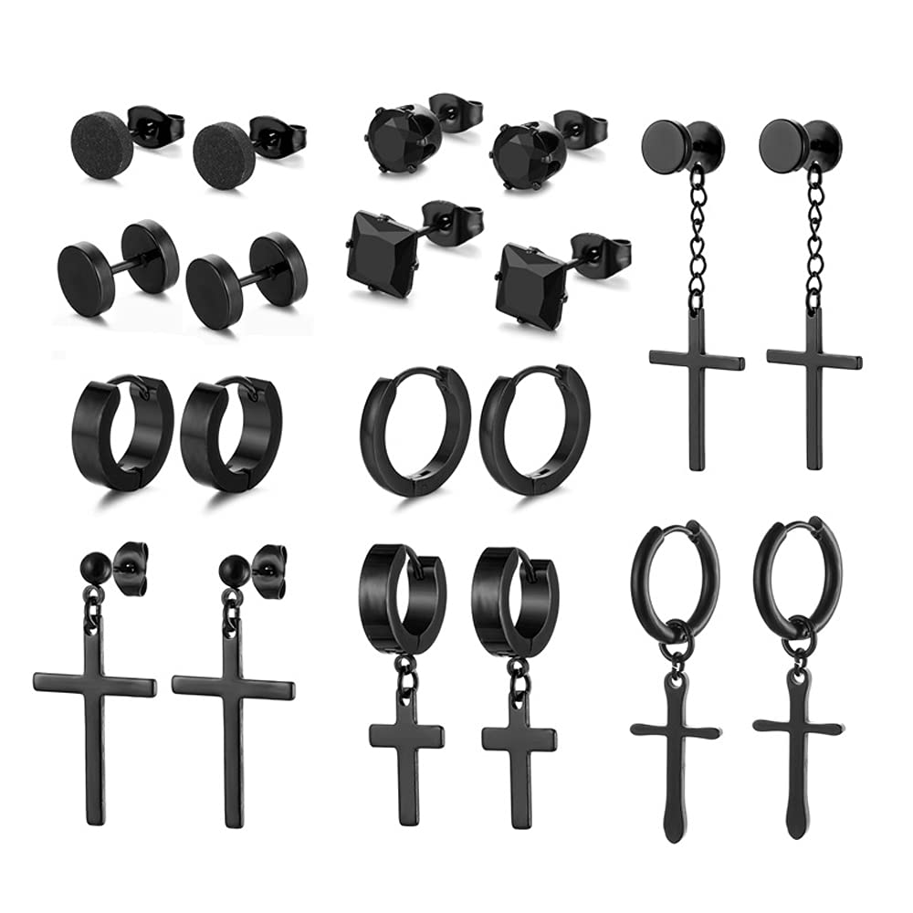 10 Pairs Stainless Steel Mens Earrings, Stud Earrings Set, Black Stud Earrings Hoops, Black Zircon Stud Earrings, 10 Shapes, Men and Women Wear Earrings for Decoration