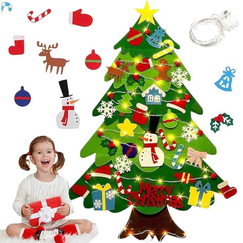 Felt Christmas Tree,Montessori Christmas Tree,Xmas Wall Hanging Ornaments Decorations kit with String Lights