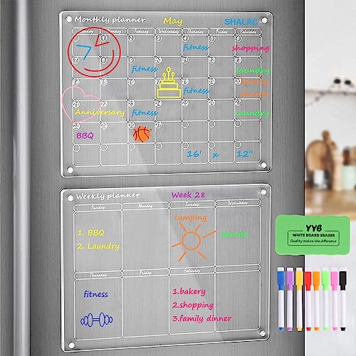 ACRYLIC MAGNETIC CALENDAR 2 PCS, 16″X12″ MONTHLY CALENDAR & WEEKLY CALENDAR WHITEBOARD, DRY ERASE BOARD FOR FRIDGE, REUSABLE PORTABLE PLANNER WITH 8 MARKERS AND 1 ERASER (WHITE)