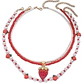 Cute Handmade Strawberry Imitation Pearl Beaded Choker Necklace Boho 3D Simulated Fruits Strawberry Seed Beads Multilayer Necklace for Women