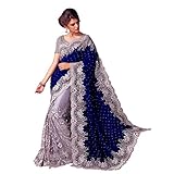 Ustaad Fashion Women's Blue and Silver Velvet and Net Saree with Blouse Piece