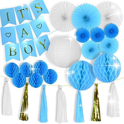 Baby Shower Decorations for Boy Kit, It’s a Boy, Hanging Banner, White, Blue and Gold Tassels, Tissue Paper Fans, Honeycomb balls, Lantern, High Quality Indoor/Outdoor Party Supplies
