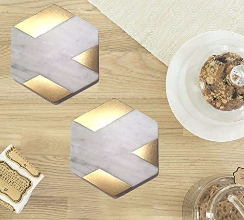 Gold Strip White Carrara Marble Hexagon 5'' Coaster (set of 2)