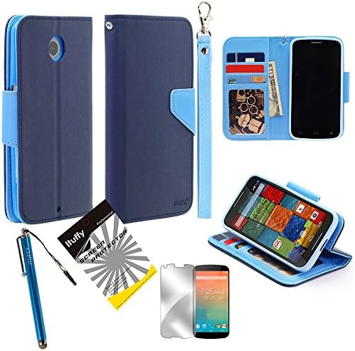 3 items Combo: ITUFFY (TM) LCD Screen Protector Film + Stylus Pen + MultiFunction 2-Tone Portfolio Leather Wallet with Inner Soft TPU Rubber Skin &amp; ID Card Slots with Lanyard and Magnetic closure for Motorola Google Nexus 6 (6.0" Screen Size) (Navy Blue - Light Blue)