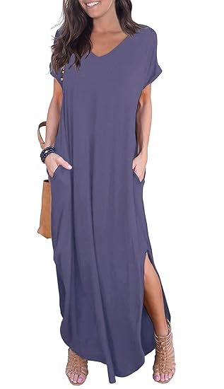 women's casual loose pocket long dress short sleeve split maxi dresses