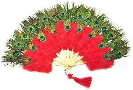 Hot-fans Peacock Eye Marabou Feather Fan with Bamboo Staves 18" X 34", Red