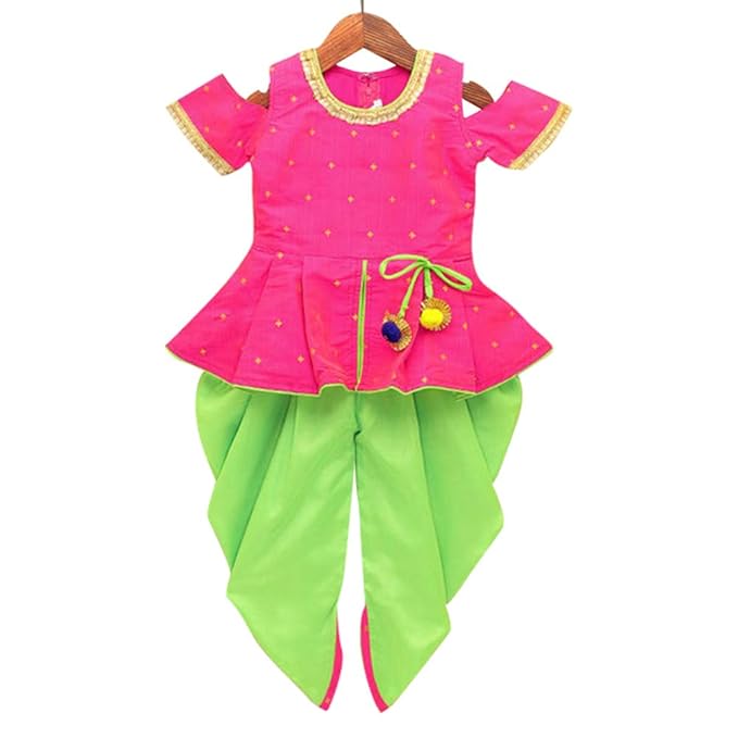 Kid1 By Hopscotch Girls Taffeta Weave Silk Cold Shoulder Peplum Kurta With Dhoti Set in Pink Color