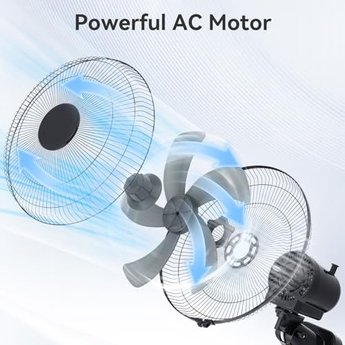 Ventilador de Pared de 16"/40CM, Paquete de 2 Abanicos de Pared con Control Remoto, 5 Aspas, 8 Velocidades, 9H Temporizador, 90° L/R + 45° Vert, Rejilla Metálica, Ideal para Hogar, Oficina o Garaje