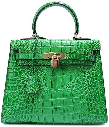 New Kelly Bag 3D Crocodile Pattern Embossed Genuine Leather Handbags Fashion Shoulder Bag Diagonal Bag Evening Package Mummy Bag (Green, 25 * 20 * 10cm)
