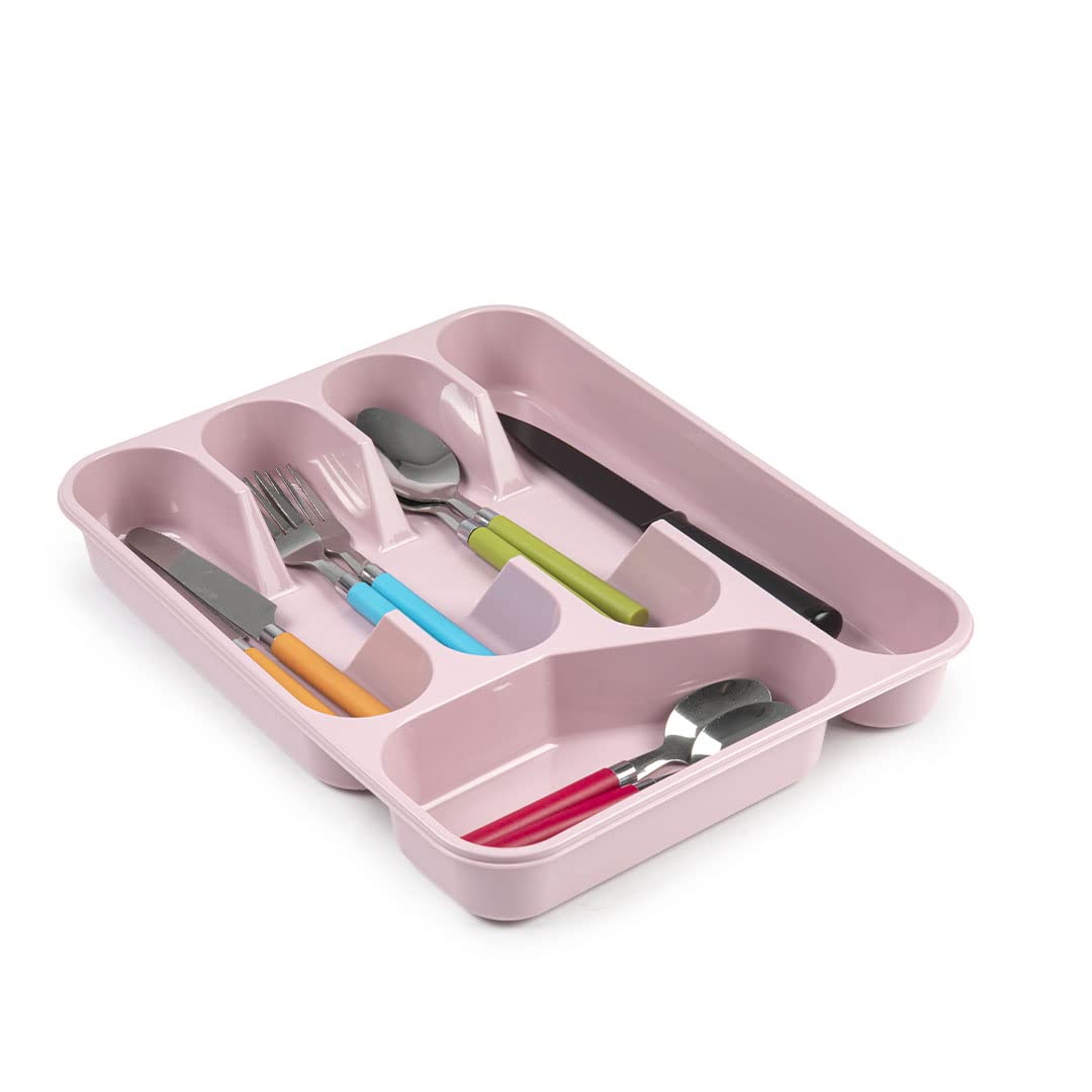 PLASTIFIC Large CUTLERY TRAY Flatware Organiser Strong Plastic Drawer Sliding Tidy Rack Holder Drawer Insert Tidy Storage, 33.5 x 26.5 x 4.5 cm - Solid Base, Pink