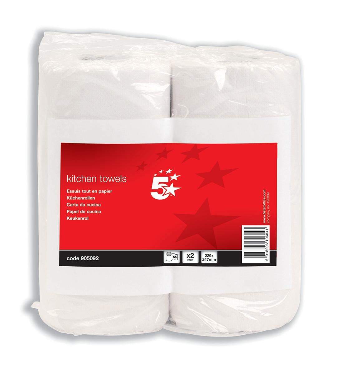 5 Star 905092 Kitchen Tissue 229x247mm Sheets 60 per Roll [Pack 2], White