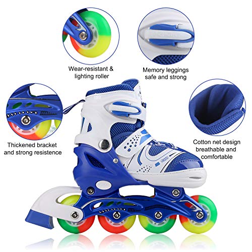 JIFAR Youth Children's Inline Skates for Kids, Adjustable Roller Blades with Light Up Wheels for Girls Boys, Indoor&Outdoor Ice Skating Equipment Medium Size(2-5 US), Blue