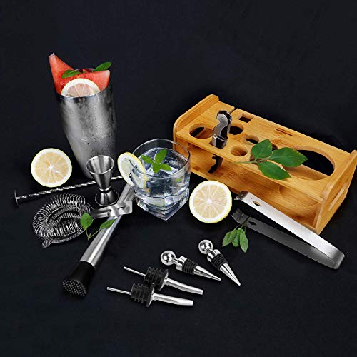 Bar Set, WOHOME Cocktail Shaker Bar Tools with Stylish Bamboo Stand- Stainless Steel Bartender Kit Premium Bartendering Tool for Home/Bars/Traveling and Outdoor Parties