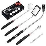 Preciva 5PCS Magnetic Telescoping Pick-up Tool Kit with 15lb/1lb Pick Up Rod, Round/Square 360 Swivel Adjustable Inspection Mirror and Telescoping Flexible 3 LED Flashlight