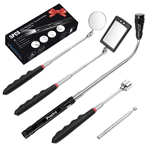 Preciva 5PCS Magnetic Telescoping Pick-up Tool Kit with 15lb/1lb Pick Up Rod, Round/Square 360 Swivel Adjustable Inspection Mirror and Telescoping Flexible 3 LED Flashlight