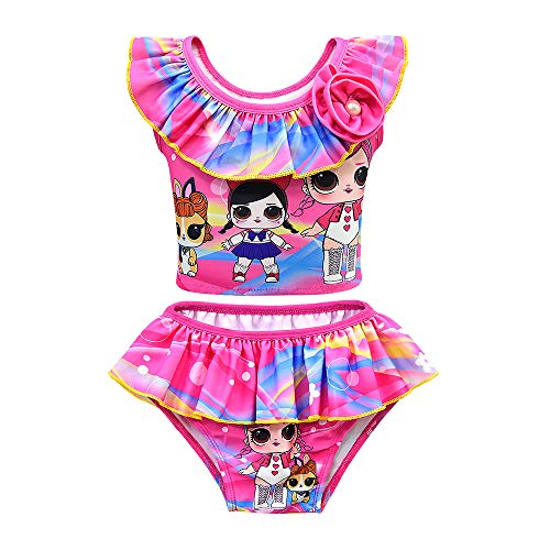 Rohero Toddler Baby Girls Swimsuits Doll Print Ruffle Tulle Swimwear Bathing Suit for Doll Surprised (140cm/ 7-8Y, Rose)