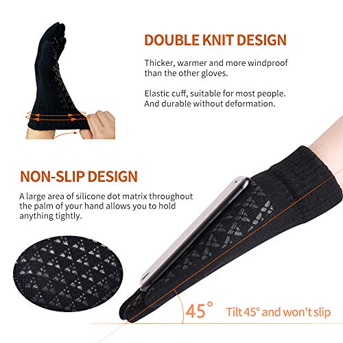 GonHui Winter Gloves Touch Screen Gloves Thermal Soft Wool Lining Anti-Slip Elastic Cuff Upgrade Thickening Warm Knit Gloves for Men Women (Black/Gray, XLarge)