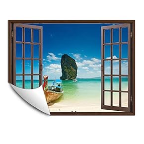 Wall Murals for Bedroom Fake Window Beach Brown Window Removable Wallpaper Peel and Stick Wall Stickers - 24x32 inches