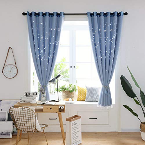 Curtain Panels Window Draperies, Iuhan Hollow Meteor Shower Tulle Door Window Curtain Drape Panel Sheer Scarf Valances (Blue) - Thumbnail 2