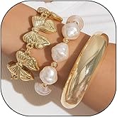 GIGB PBDK Chunky Gold Round Cuff Bracelet Set for Women Exaggerated Bow Pearl Beaded Stacking Bracelets Adjustable Geometric Christmas Statement Jewelry