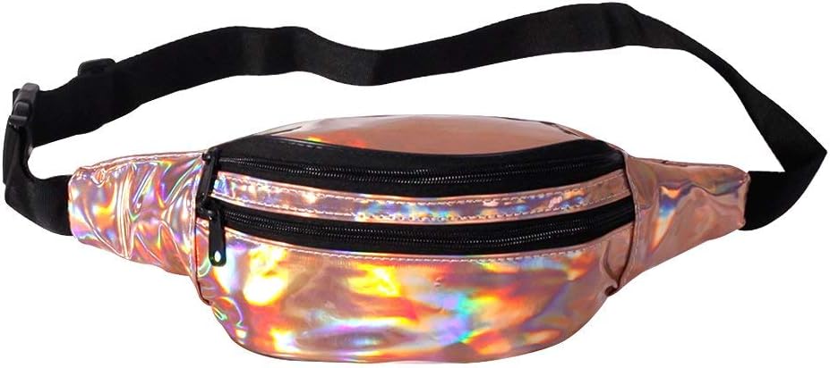 Holographic Metallic Fanny Pack for Men&Women with Adjustable Strap Sequin Fanny Pack for Outdoors Rave, Festival, Travel, Party (One Size, Classic Rose Gold)