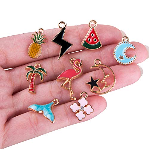 Duufin 90 Pieces Charms Assorted Gold Plated Enamel Charm Animal Moon Star Fruit Mixed Charms for Bracelet Necklace Jewelry Making