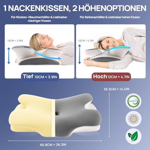 MULISOFT Neck Pillow, Memory Foam Pillow, Comfortable Pillow, Supportive Neck Pillow, Ergonomic Side Sleeper Pillow (Grey)
