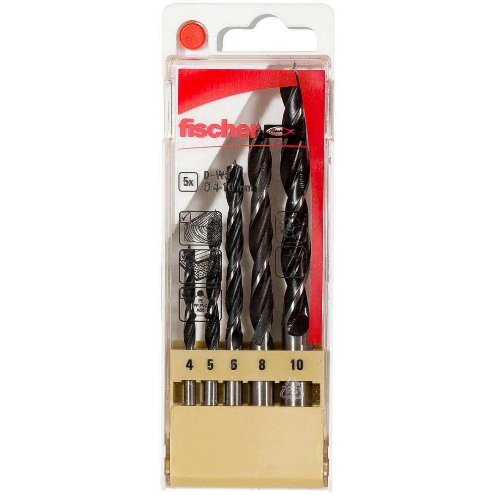 fischer Wood Drill Bit Set, 4-10 mm Diameter, Drill Bits Set with Various Sizes, Tool for Drilling in Soft and Hardwood, Pack of 5