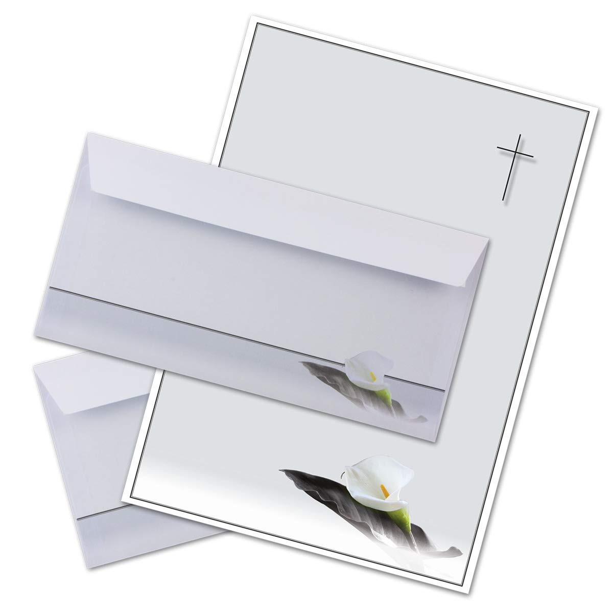 "Mourning Papers by GUSTAV NEUSER" 15 x Set of Mourning Paper DIN A4 + Mourning Envelopes DIN Long Motif Mourning Flower with Leaf 22 x 11 cm Printable Condolence Set for Thank You Mourning