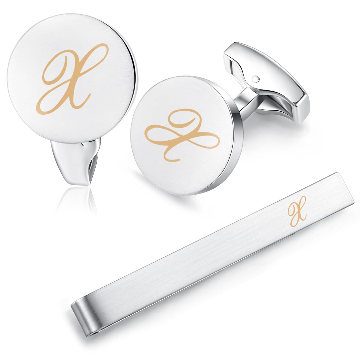 HONEY BEAR Initial Alphabet Letter Cufflinks Tie Clip Set for Mens - Brushed Silver Round for Business Wedding Gift A - Z