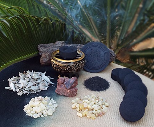 Incense Burner Kit includes Brass Burner, Charcoal, White Sage Leaves, Frankincense, Dragon's Blood, Copel Incense Resins, Sand