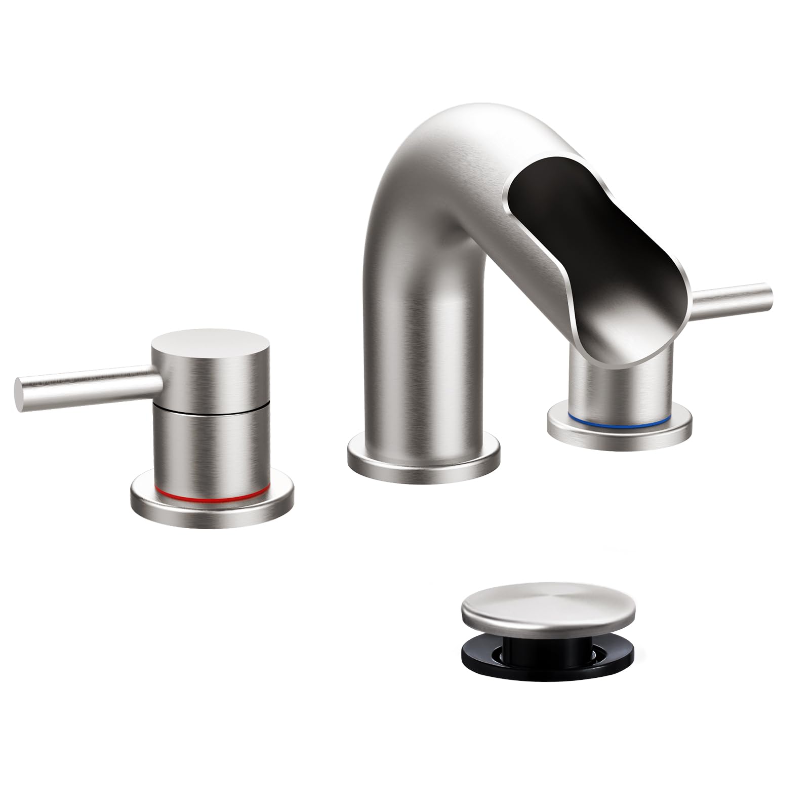 Photo 1 of KZH Brushed Nickel Waterfall Bathroom Faucet for Sink 3 Hole 8 inch Spread, Widespread Bathroom Faucet with Pop Up Drain, Bathroom Sink Faucet with 360° Swivel Spout
