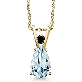 Gem Stone King 14K Yellow Gold Sky Blue Aquamarine and Black Diamond Pendant Necklace for Women | 0.79 Cttw | Gemstone March Birthstone | Pear Shape 8X5MM | With 18 Inch Chain