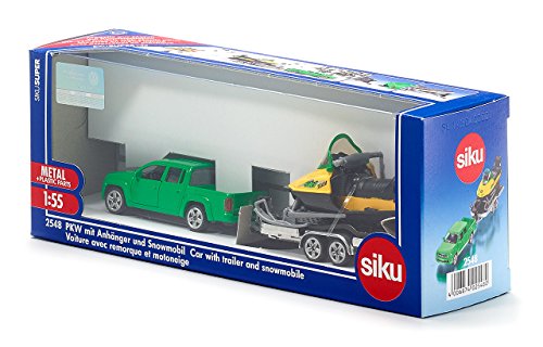 siku 2548, Pick-Up mit Anhänger und Snowmobil, 1:55, Metall/Kunststoff, Grün/Gelb, Kippbarer Anhänger – Bild 7