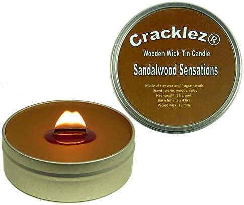 Cracklez Crackling Scented Wooden Wick Tin Candle Sandalwood Sensations. Spicy Sandalwood. Dark-brown.
