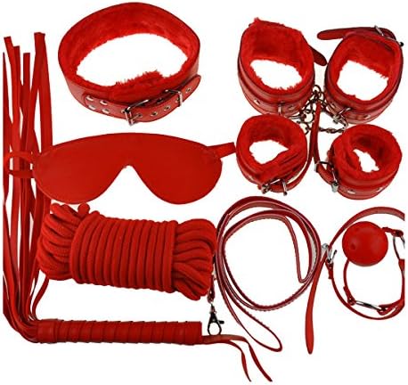 Bepety 7 Pcs Leather Bondage Kit Set Restraints Handcuffs Rope Mask Collar Whips Ball Blindfolds Red